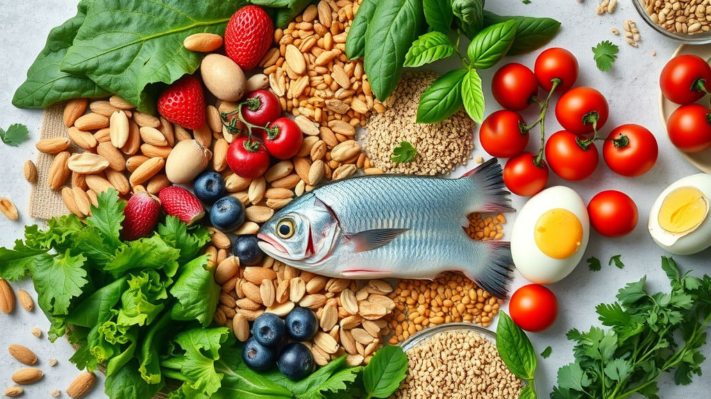 colorful arrangement top 10 healthy foods including leafy greens, grains, nuts, fish, eggs, and cherry tomatoes for healthy cooking