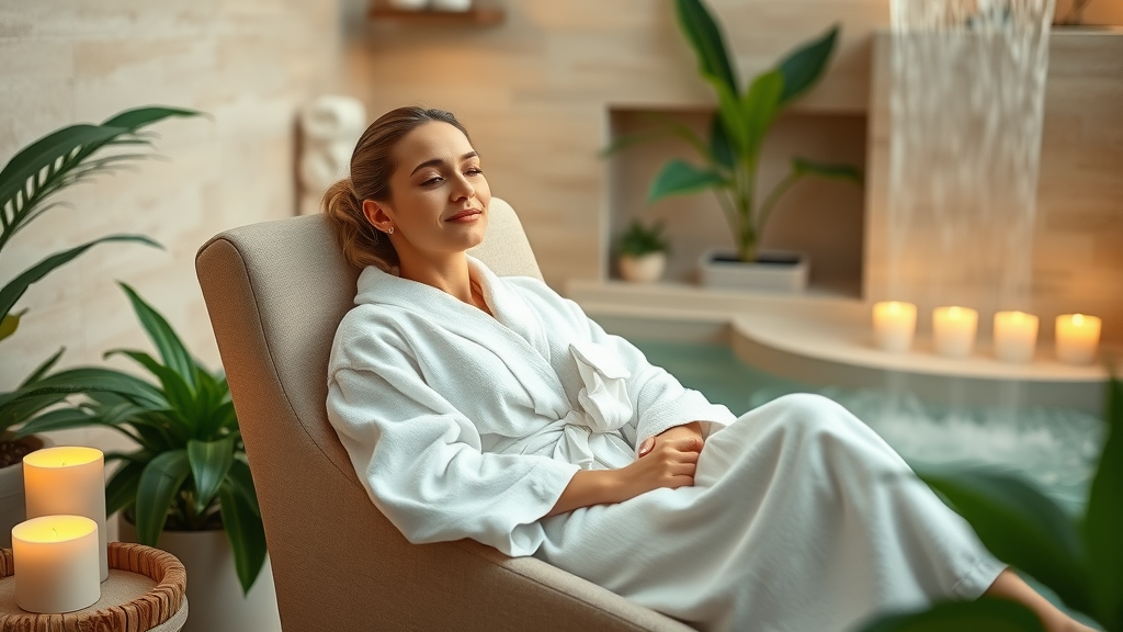 Serene spa lounge with relaxed woman enjoying a peaceful wellness retreat.