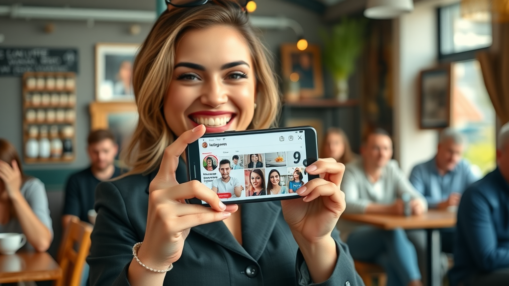 Inspiring woman business owner showcasing viral Instagram Reel results to a lively cafe audience