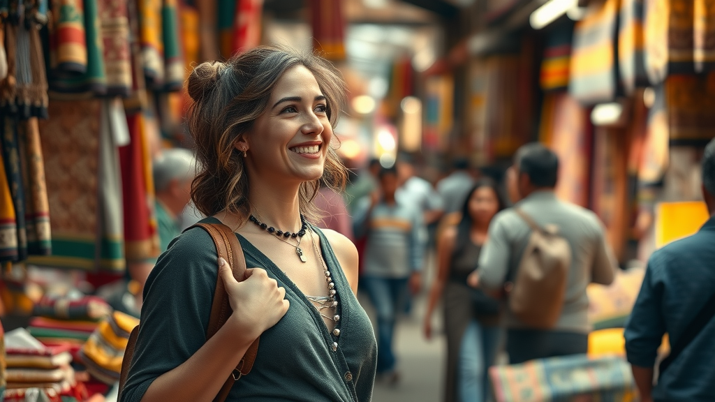 female traveler exploring vibrant local market, solo travel, colorful fabrics and cultural experiences