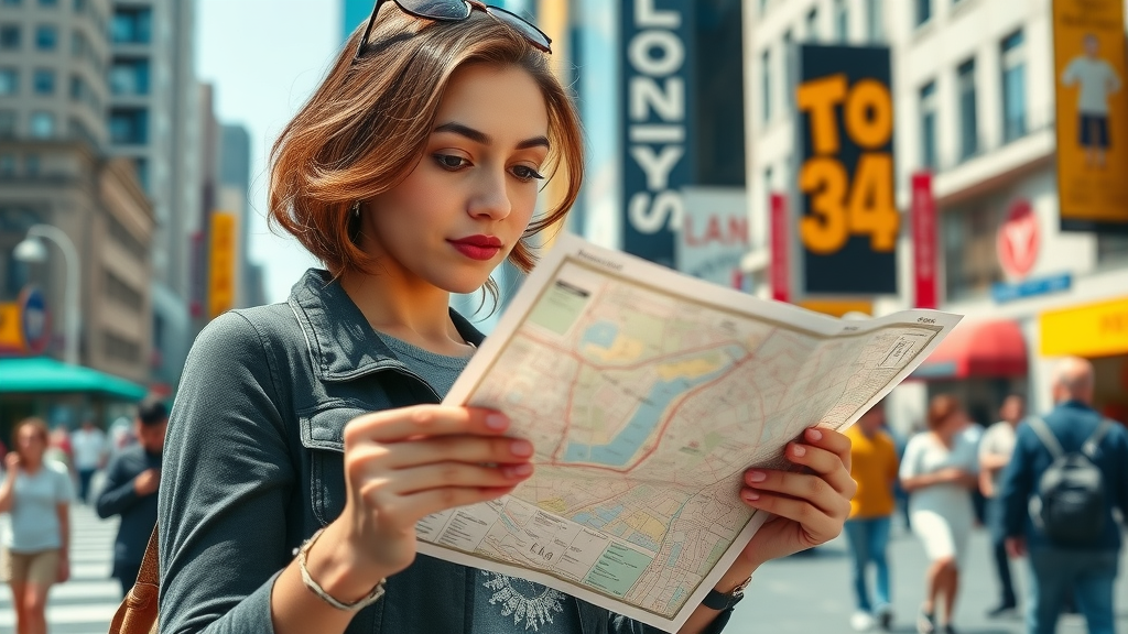 Curious woman studying a city map at a vibrant intersection, planning safe and smart solo female travel.