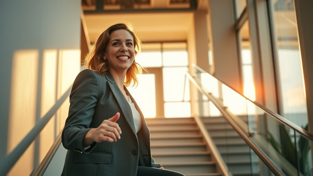 female small business owner stepping up toward growth, vision, and positive money mindset in sunrise-lit office
