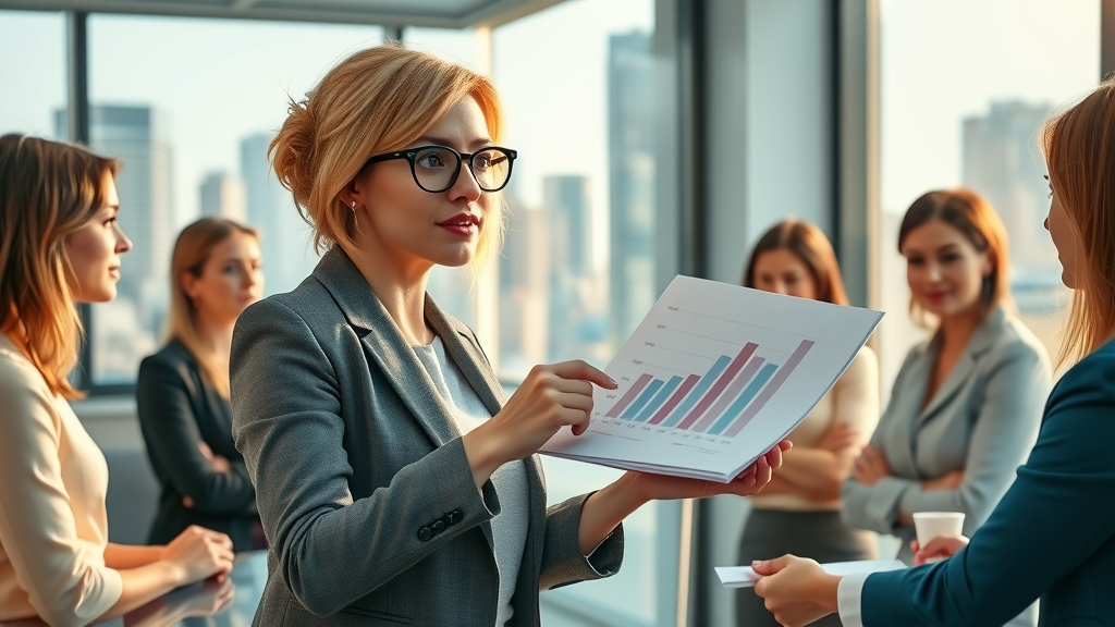 Motivated businesswoman presenting growth data to an all-women team, social media strategy discussion