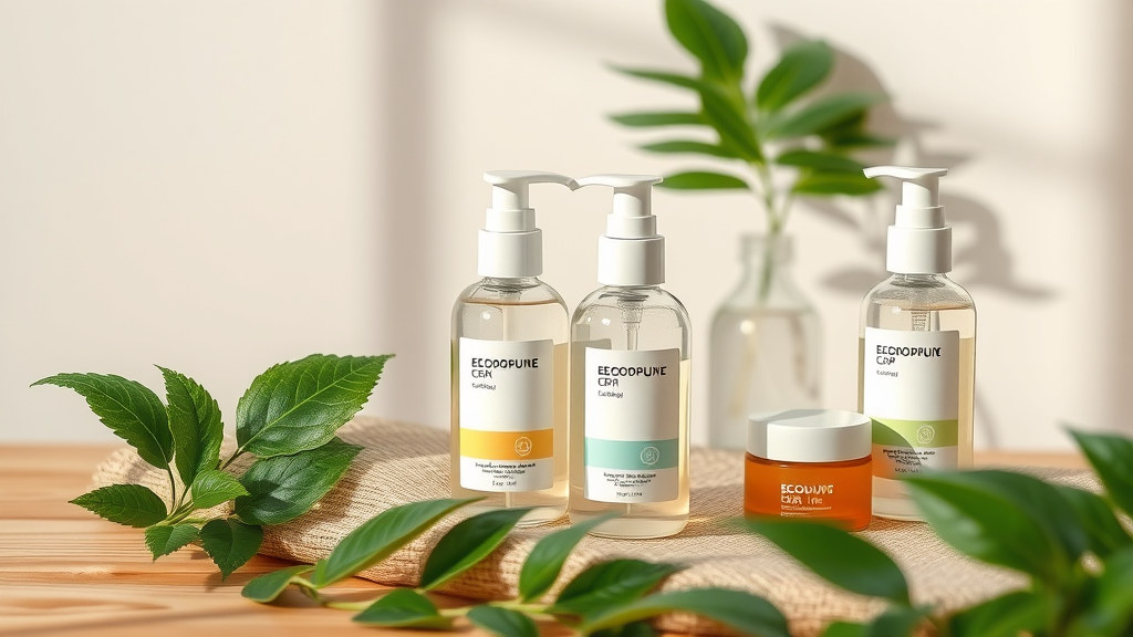 Modern beauty products with eco-friendly vibrant packaging and green leaves on neutral wooden table, representing beauty and fashion trends.