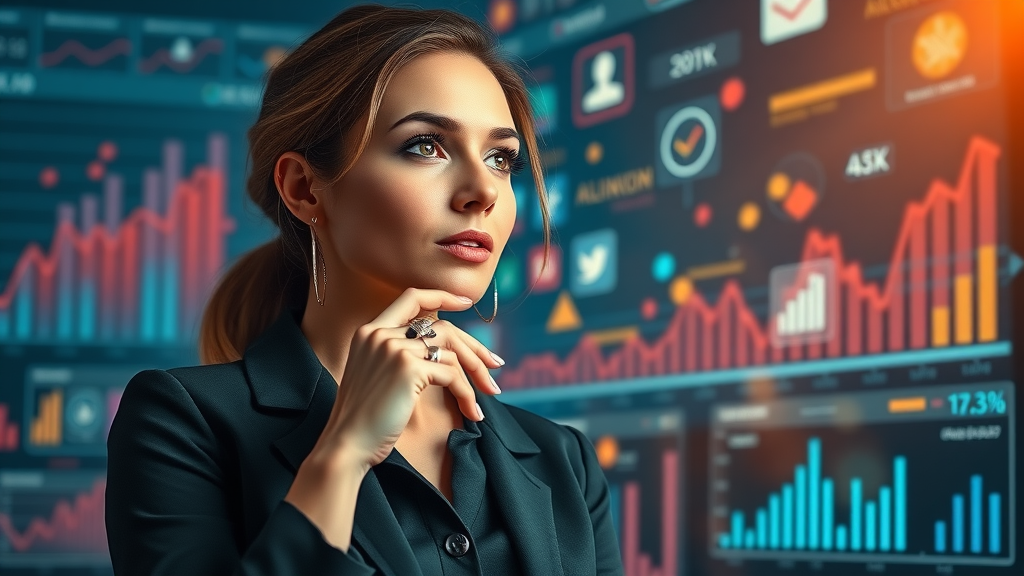 Thoughtful woman entrepreneur analyzing social media marketing data surrounded by floating graphs and digital symbols