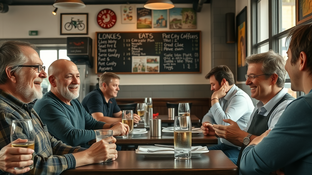 local restaurant camaraderie at a cozy neighborhood eatery, laughter and friendly staff