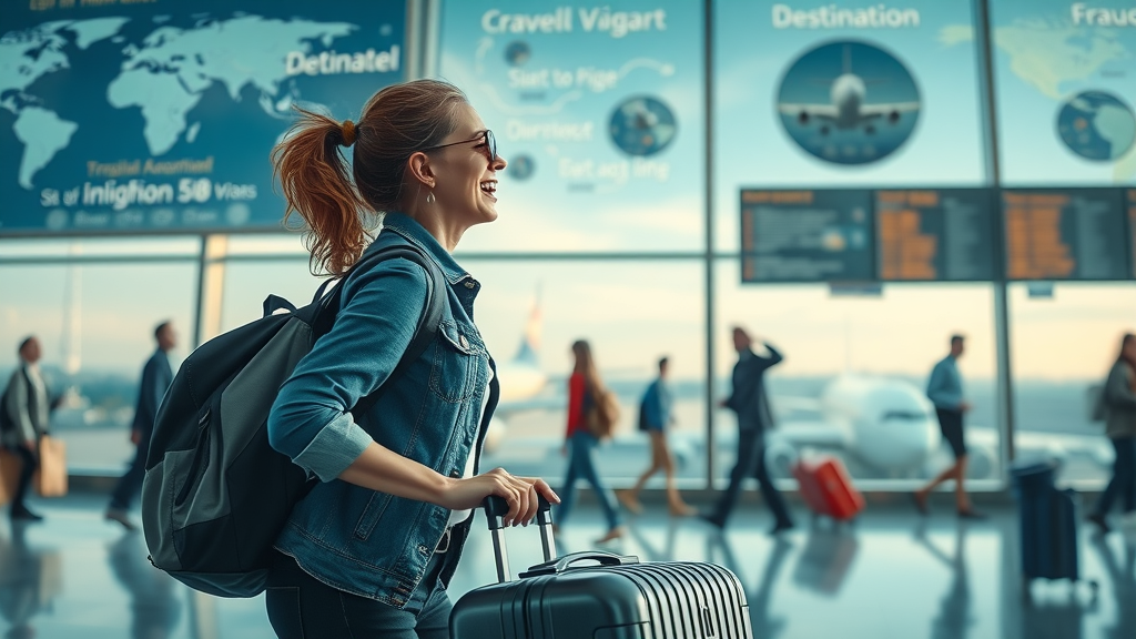 Adventurous woman at an airport terminal, excited to experience the benefits of travel for women.