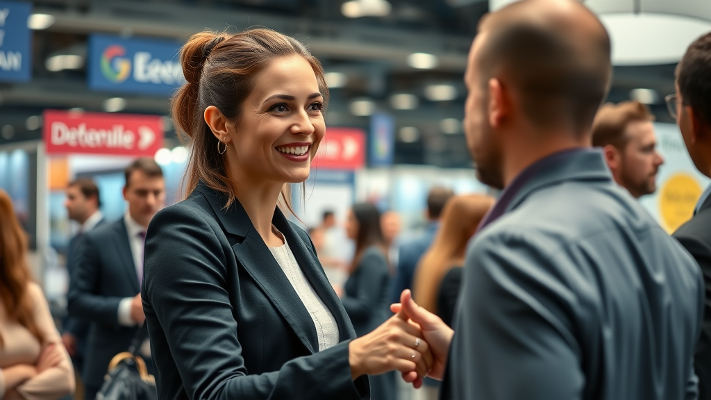 Motivational image of a woman entrepreneur networking at a business event, entrepreneurship for women