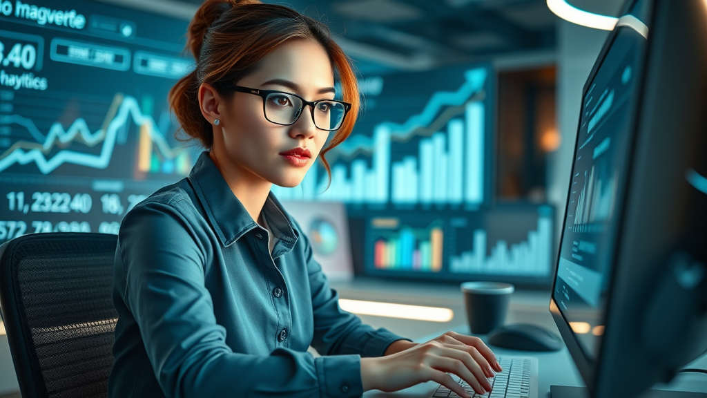 Confident female entrepreneur working on SEO analytics dashboard, search engine optimization, digital marketing for women entrepreneurs