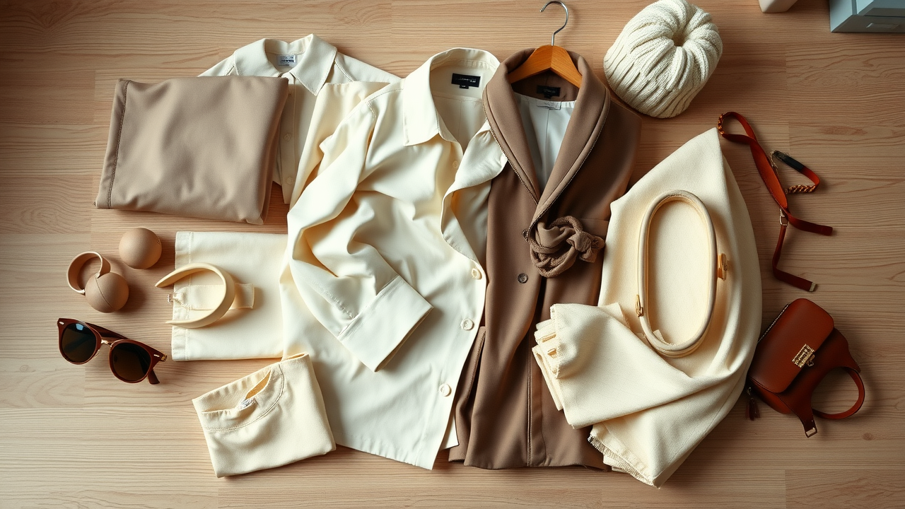 Chic wardrobe flatlay showing timeless pieces and accessories, neutral color palette, simple but stylish