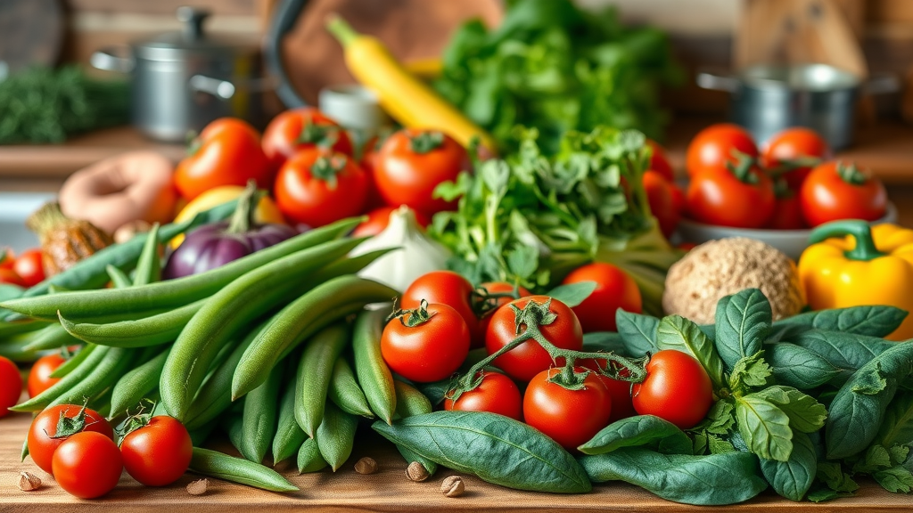 vivid array of healthy ingredients including green beans and cherry tomatoes arranged for healthy cooking