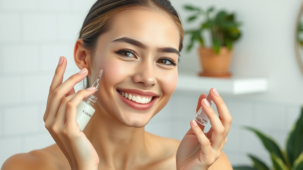 healthy smiling woman applying face serum as a part of self-care routines for women