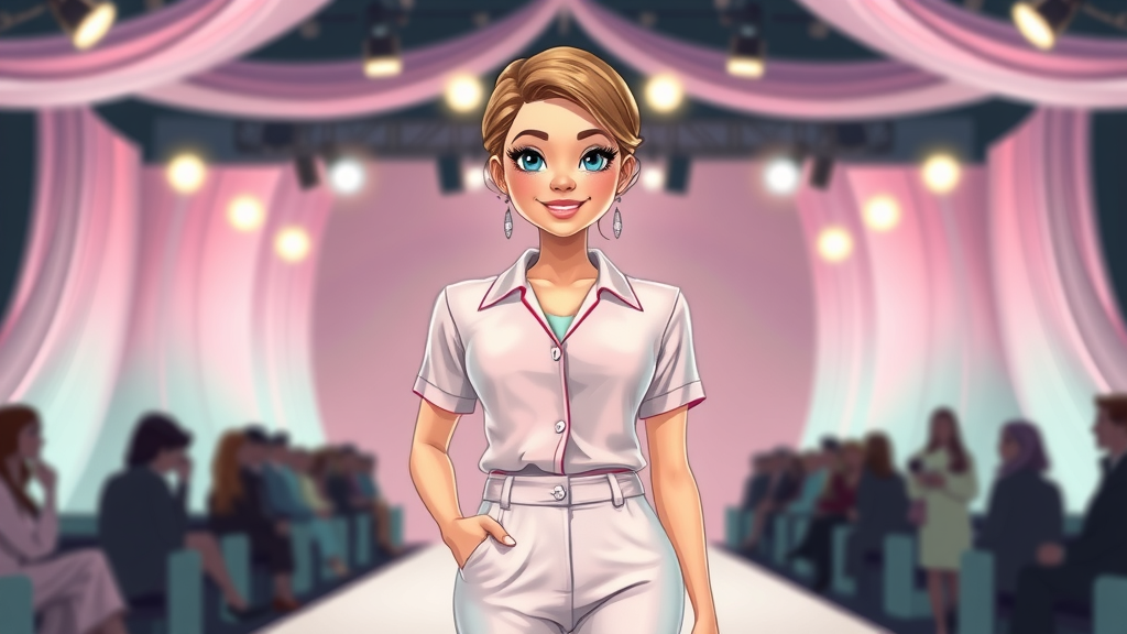 Confident woman wearing a pastel matching set, smiling, on an abstract runway for matching sets in beauty and fashion trends.