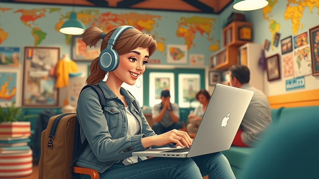 modern female traveler blogging about solo travel in hostel, female travel communities, empowerment