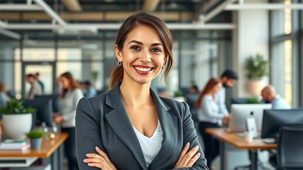 Confident female entrepreneur standing in a modern office with digital marketing icons
