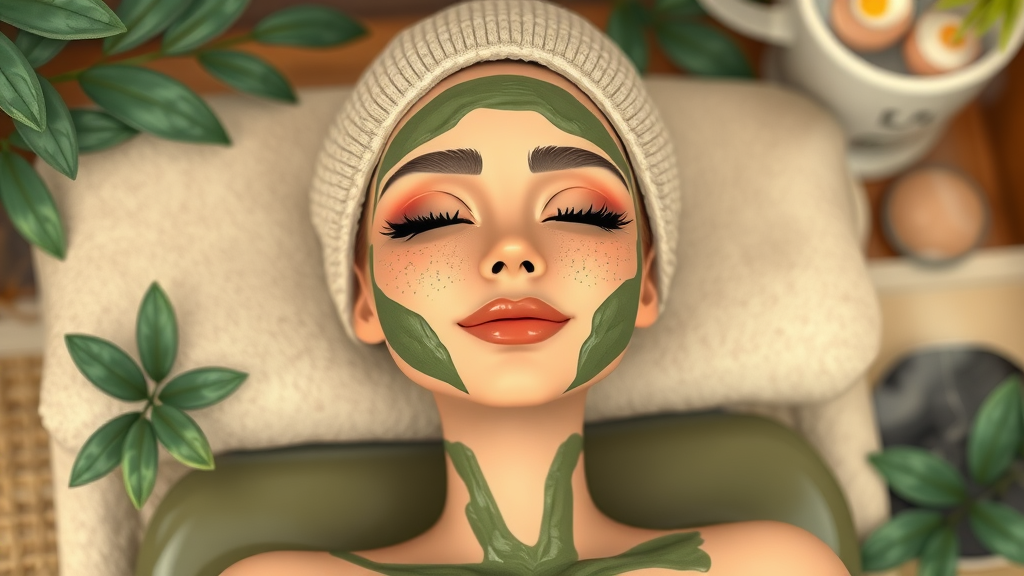 Radiant woman with serene expression enjoying a mud mask, luxury spa treatment for glowing skin
