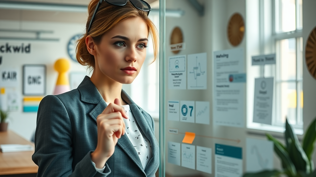 Businesswoman planning digital marketing strategy on glass board