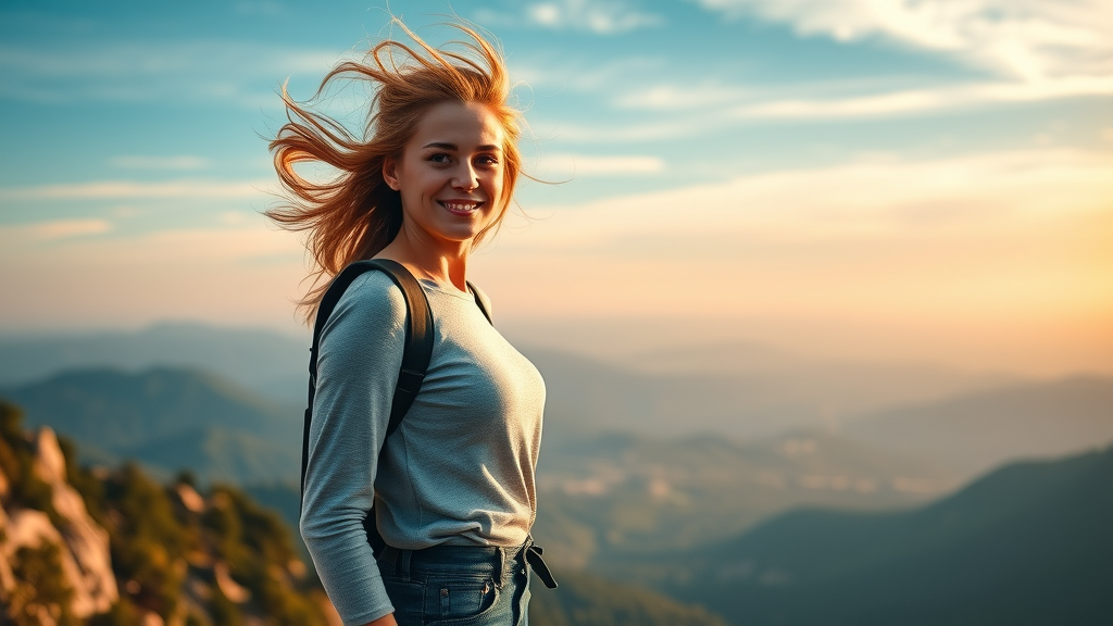 solo female travel, confident woman standing atop a scenic mountain vista at sunrise