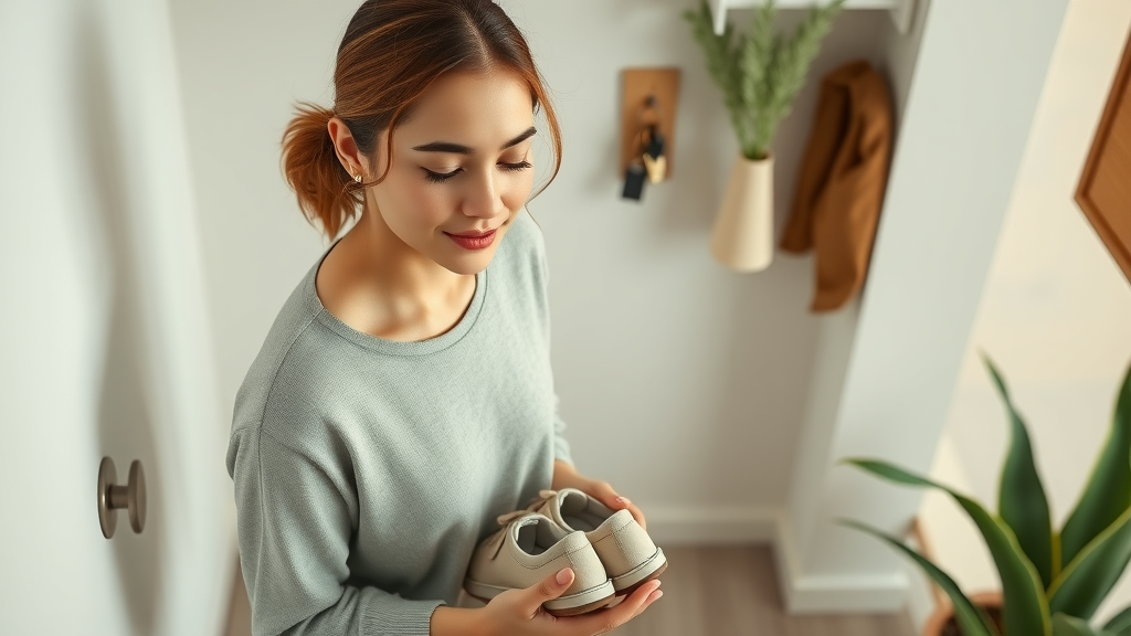 woman build peaceful home life in an organized entryway, arranging shoes and keys, calming decor settings