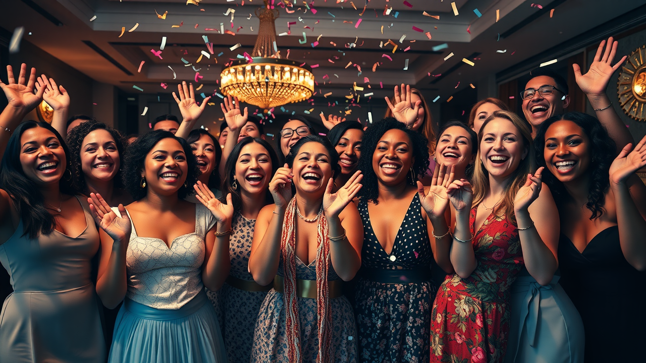 diverse group celebrating positive money mindset transformation
