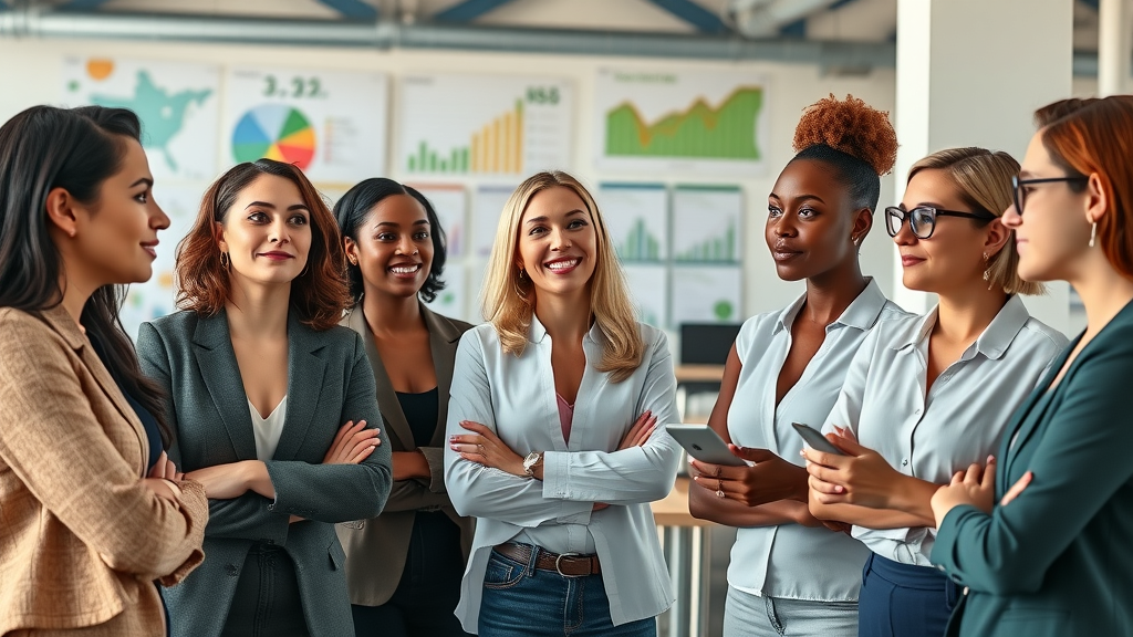 Inspiring diverse group of confident women entrepreneurs networking in a modern coworking space, business owner, small business, female entrepreneurs
