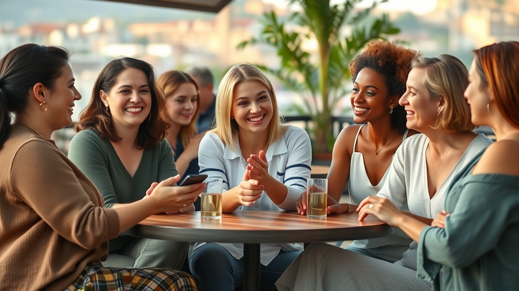 female travelers sharing stories, outdoor cafe, women network, empowerment through solo travel