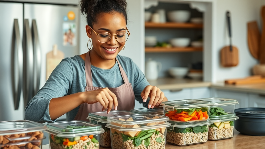 motivated home cook portioning healthy prepped meals with grains and vegetables - healthy cooking success