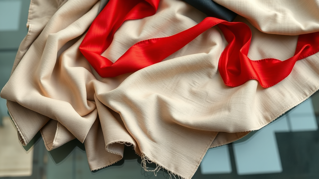 Neutral color palette fabrics with vibrant accent scarf, showing color theory for fashionable women