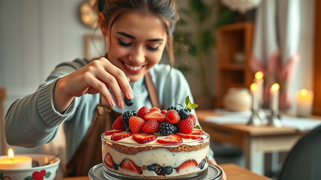 Friendly home cook garnishing a colorful healthy dessert with fresh berries and mint, showcasing creative healthy gourmet food recipes.