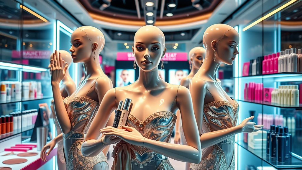 Creative fashion display mixing mannequins and beauty products with interactive screens, symbolizing the intersection of fashion and beauty trends.