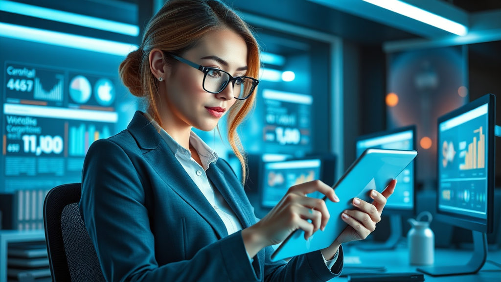 Creative female business owner designing a futuristic email marketing campaign in a high-tech office environment