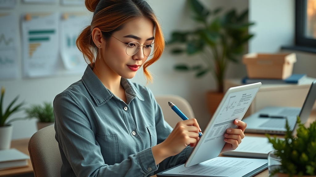 organized female entrepreneur writing a business plan on a digital tablet, business growth tactics for female entrepreneurs