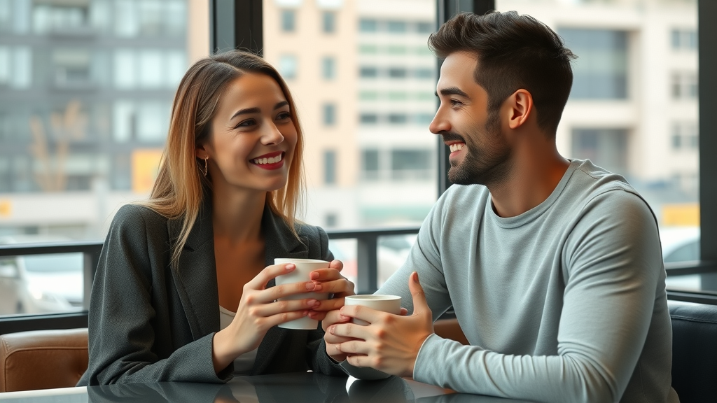 casual woman and male friend smiling over coffee, enjoying each other