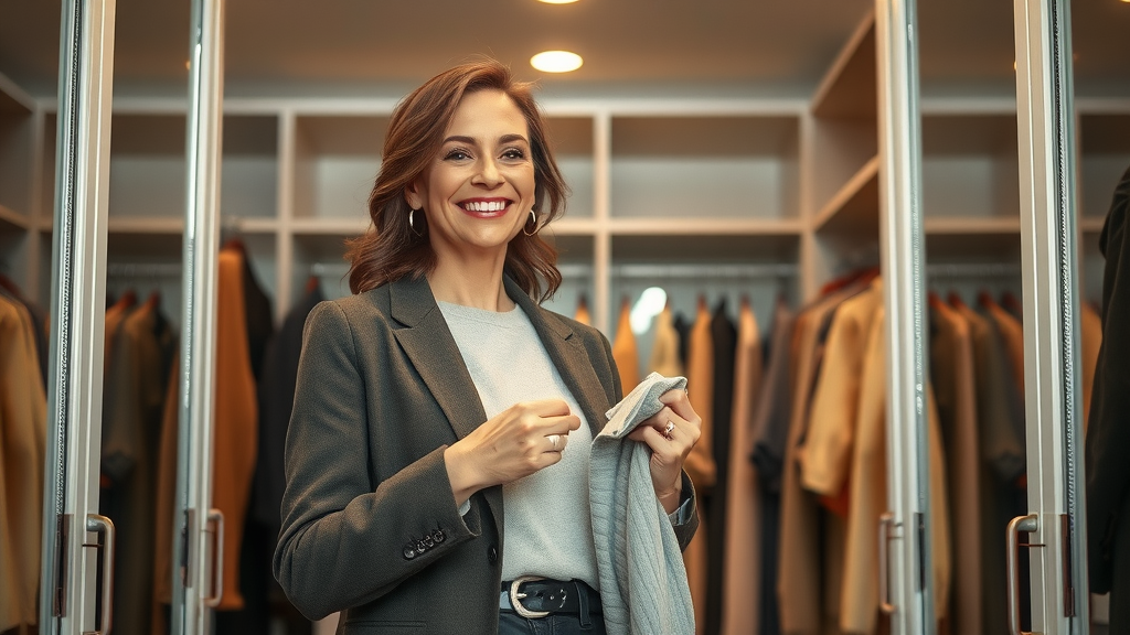 Fashionable woman organizing and upgrading her wardrobe for timeless quality, simple but stylish fashion
