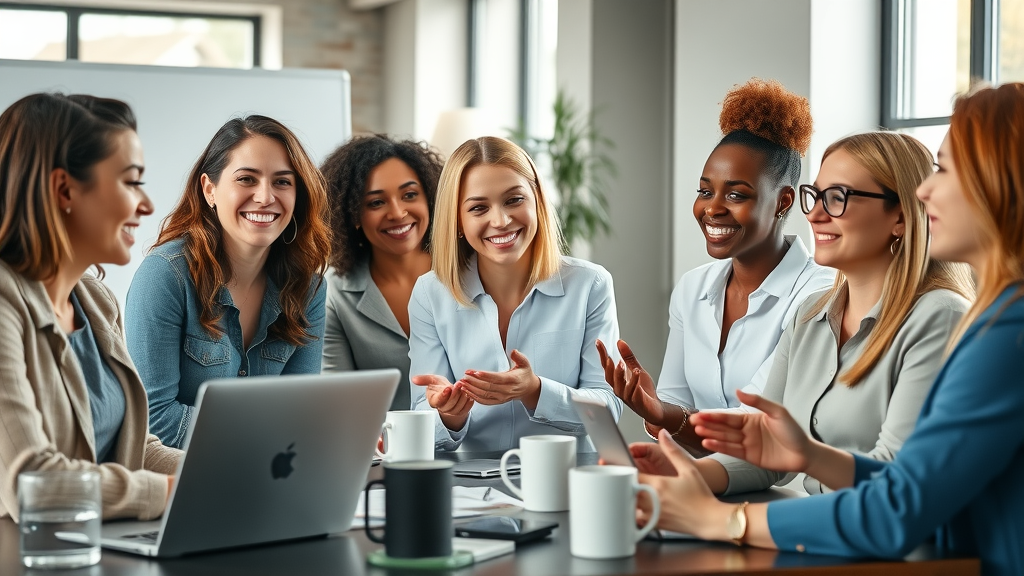 vibrant group of diverse female entrepreneurs discussing business growth tactics for female entrepreneurs in a modern coworking space