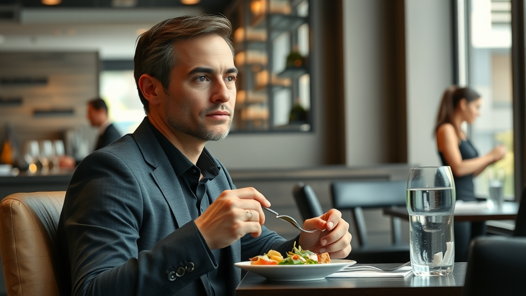 solo dining at a restaurant with a confident solo diner savoring a meal