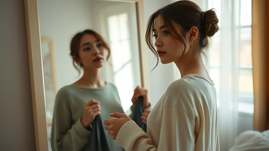 Thoughtful young woman considering stylish simple outfit options in mirror, personal style discovery