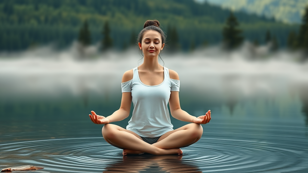 Relaxed woman meditating by a tranquil lake, highlighting the mental health benefits of travel for women.
