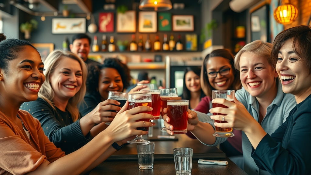 the joys of dining in restaurants with a group of diverse friends celebrating in a vibrant local restaurant