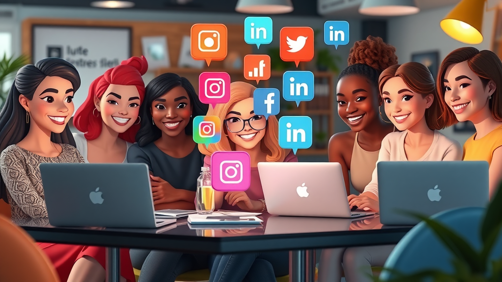 Group of female entrepreneurs collaborating with social media icons projected