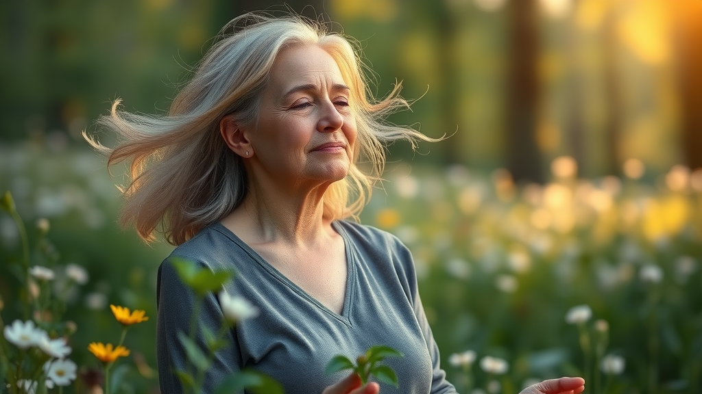 serene middle-aged woman, peaceful, meditating in nature, tranquil forest glade