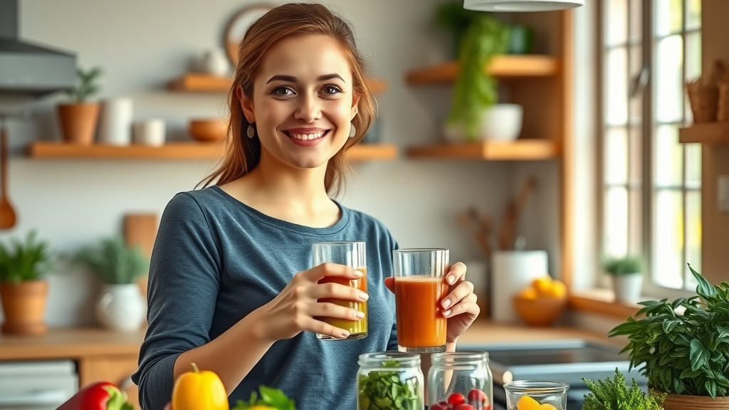 Healthy living woman making fruit and vegetable smoothie, bright home kitchen