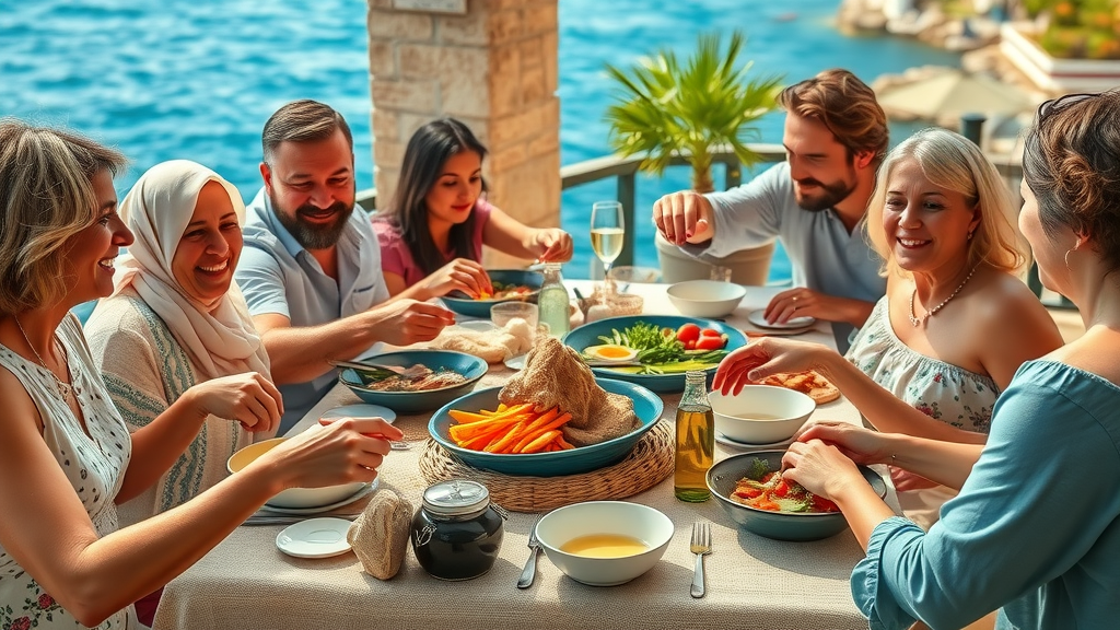 Vibrant Mediterranean family feast with joyful faces enjoying fresh dishes near the Mediterranean Sea, representing healthy eating the Mediterranean way, outdoor terrace with rustic table.