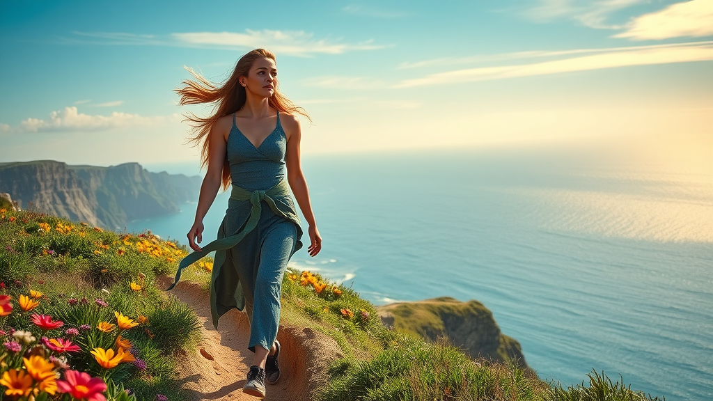 solo female traveler on sunlit coastal path, overcoming comfort zone, confidence and empowerment