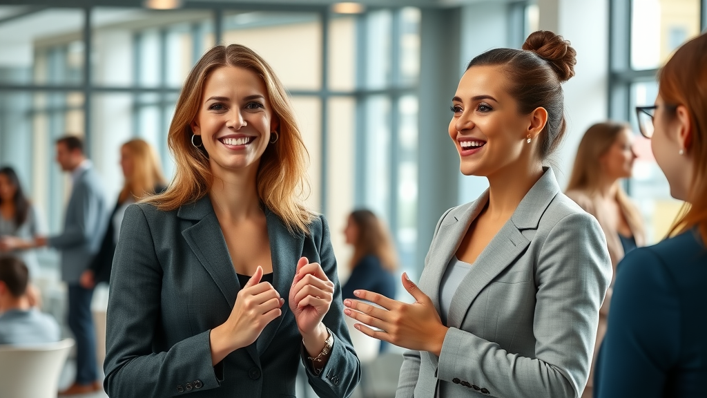 Confident professional women networking in a modern conference room, networking tips for women in business