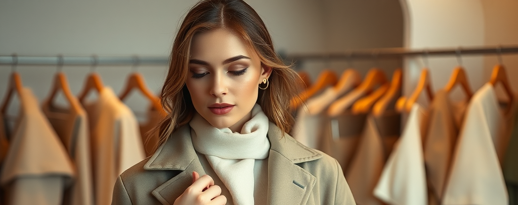 Stylish woman layering neutral-toned clothing, demonstrating simple but stylish dressing in chic boutique fitting room