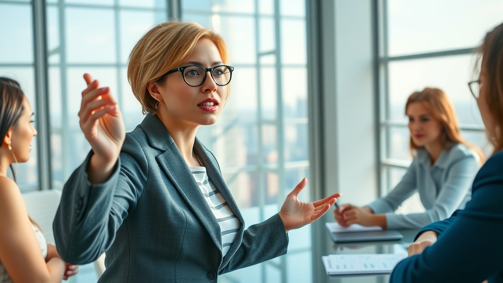 Empowering image of a woman leading a business meeting for entrepreneurship for women, city skyline in background