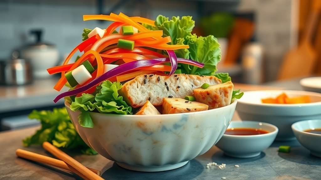 Colorful deconstructed egg roll bowl with vibrant vegetables and lean protein, representing a healthy gourmet food recipe and weeknight dinner idea.