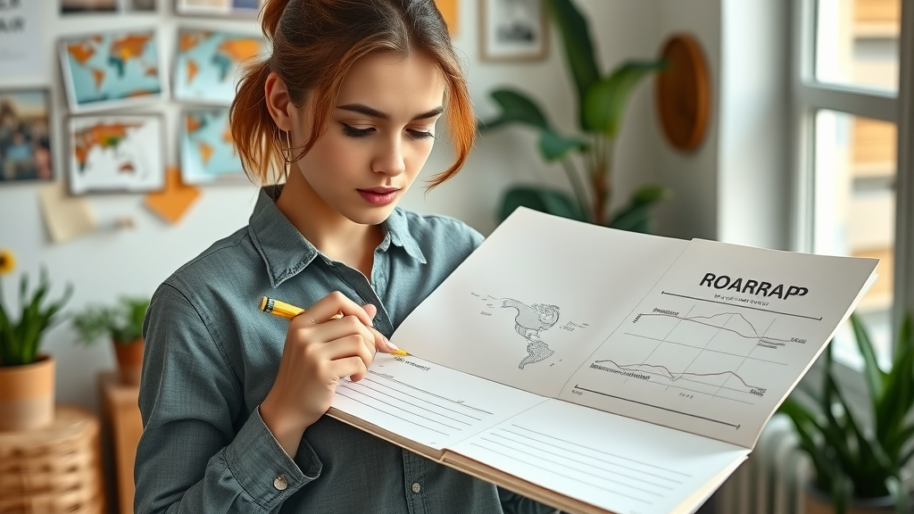 ambitious young woman planning her business journey, main keyword: the benefits of women entrepreneurship, home office, morning natural light