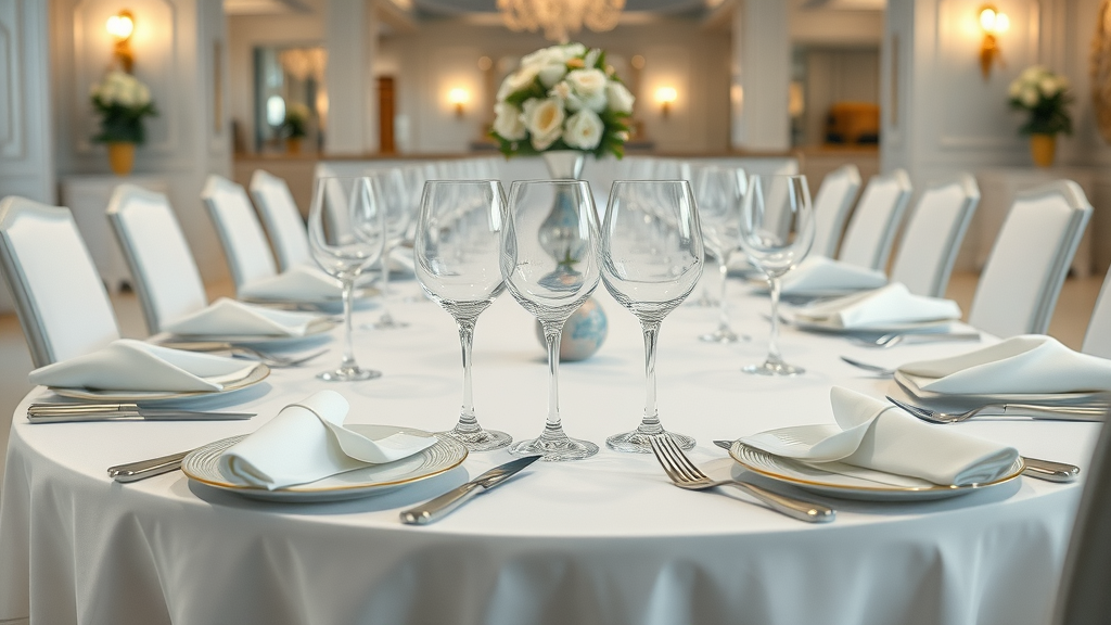Luxurious table setting in a fine dining restaurant with white linens, sparkling glassware, and elegant decor